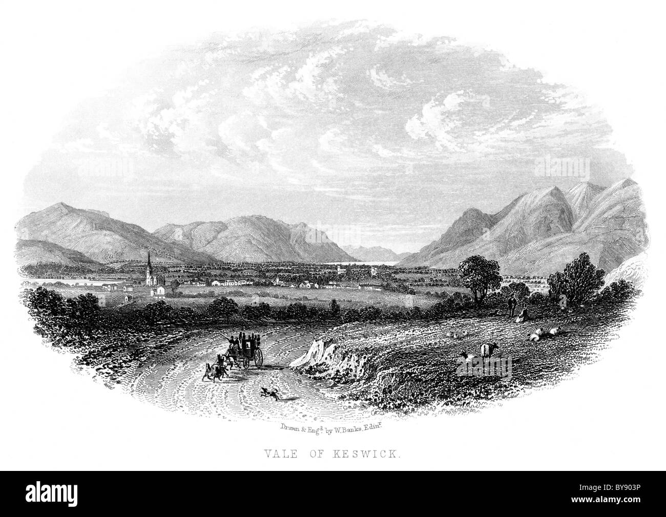 Ein Gravur mit dem Titel Vale of Keswick, der in hoher Auflösung aus einem Buch über den Lake District gescannt wurde, das vor 1864 veröffentlicht wurde. Urheberrechtlich geschützt. Stockfoto
