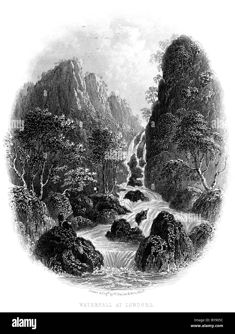 Eine Gravur berechtigt Wasserfall bei Lowdore mit hoher Auflösung aus einem Buch über den Lake District gescannt veröffentlicht vor 1864 Stockfoto