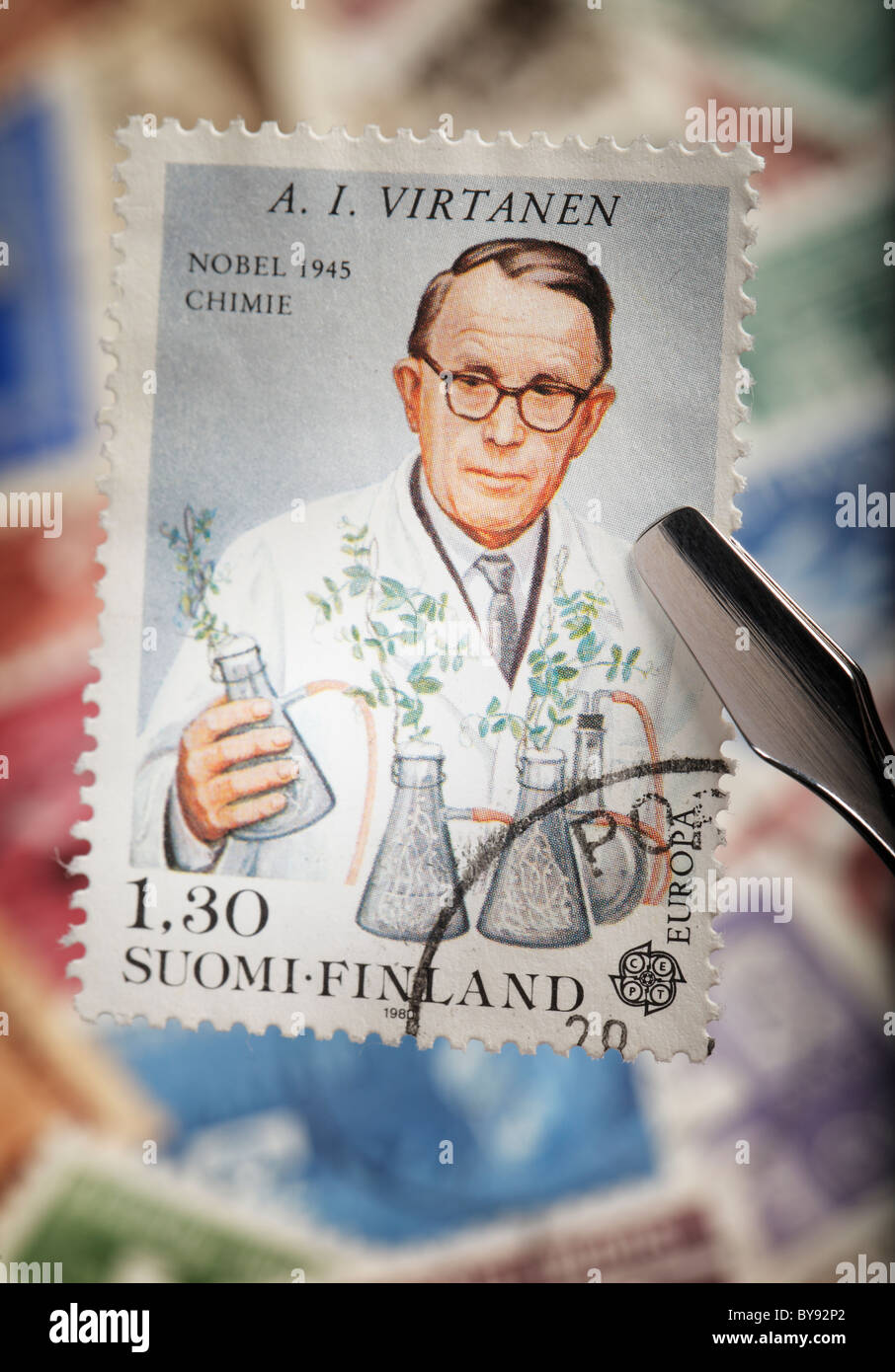 Finnische Sonderbriefmarke von 1980. Artturi Ilmari Virtanen, Sieger von Nobelpreis in der Chemie Stockfoto