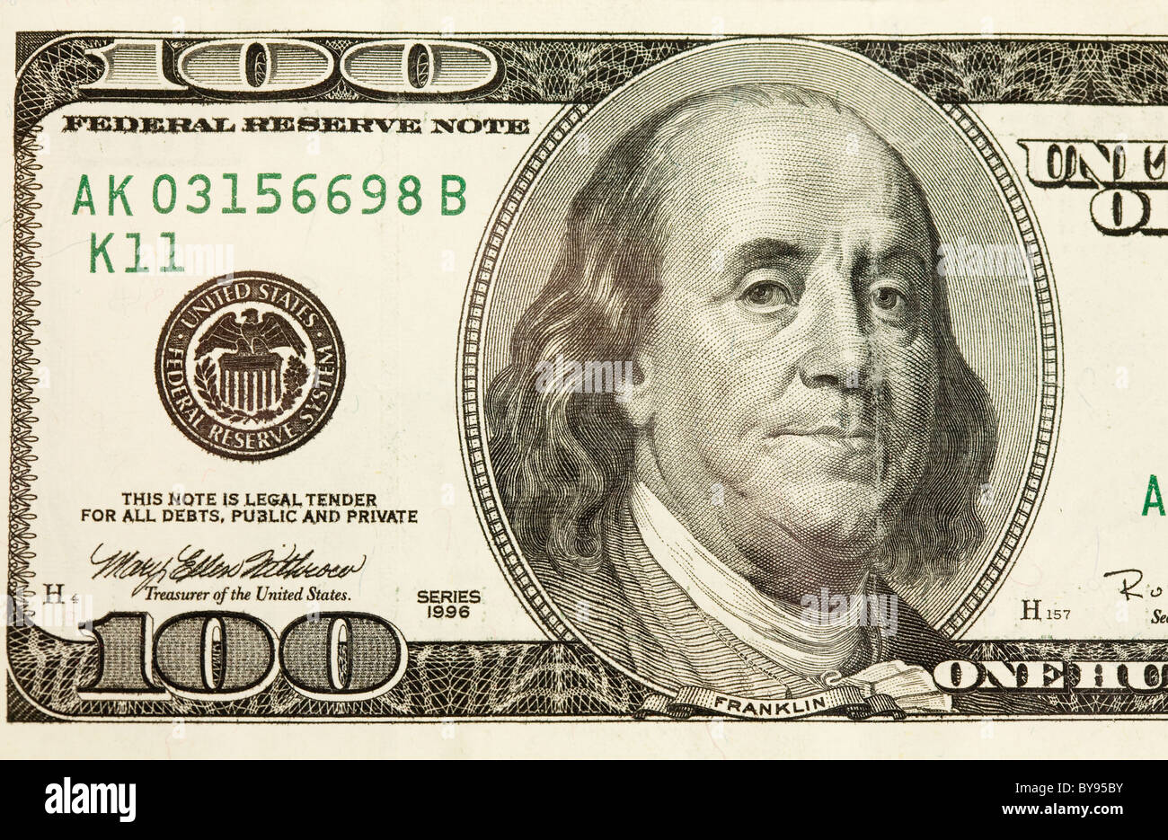 Closeup Abstract von $100 Bill in US-Dollar Stockfoto