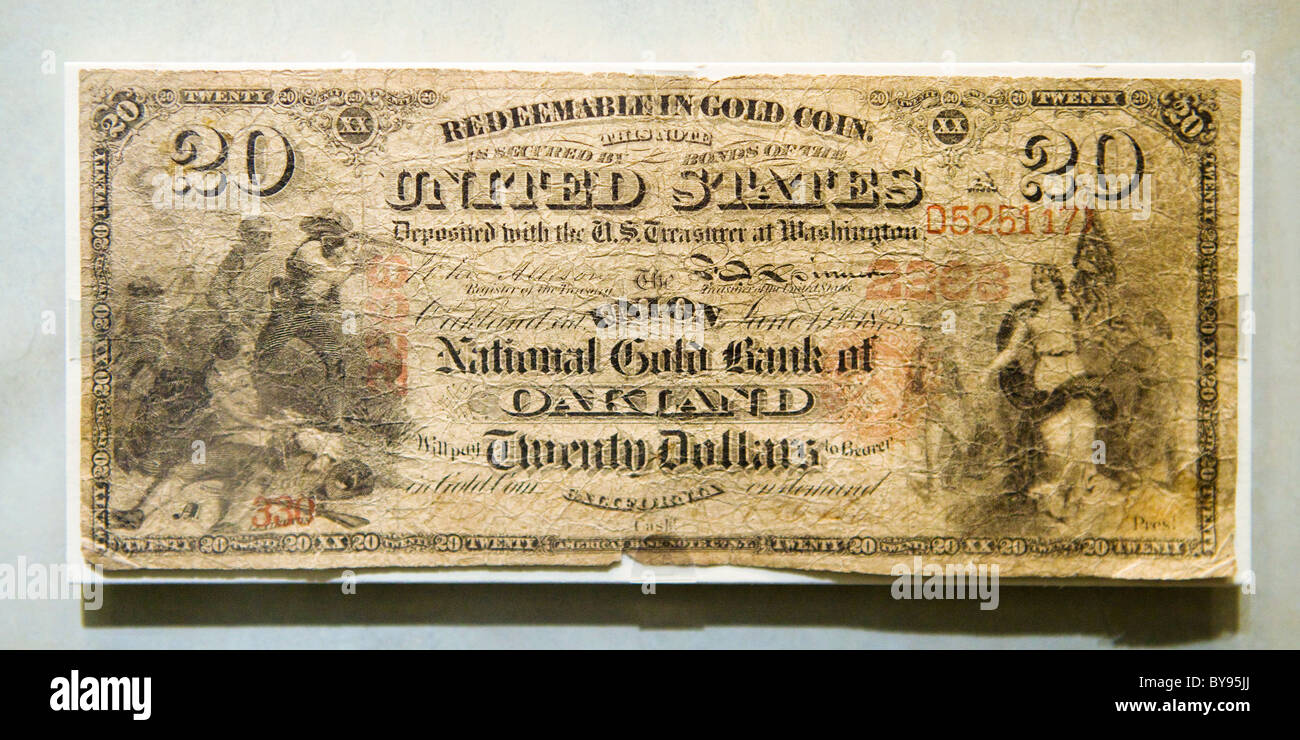 Avers Blick auf seltene 1875 20 Dollar Banknote der California Gold Nationalbank Stockfoto