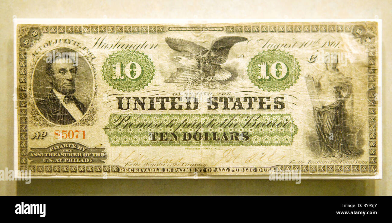 Vorderansicht des seltenen 1861 10 US $ Banknote (original "Greenback") Stockfoto