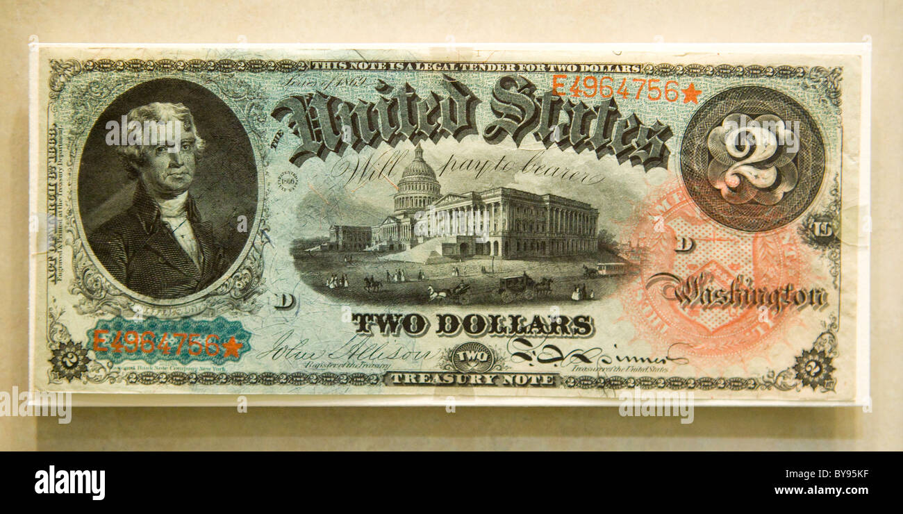 Avers Blick auf seltene 1869 2 US-Dollar-banknote Stockfoto