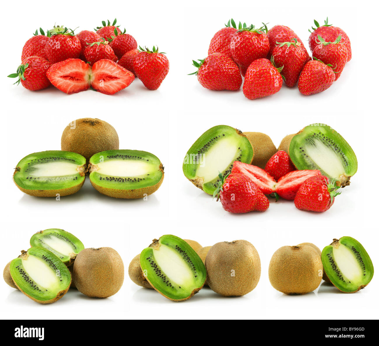 Sammlung von Reifen in Scheiben geschnittenen Kiwi und Erdbeeren isoliert Stockfoto