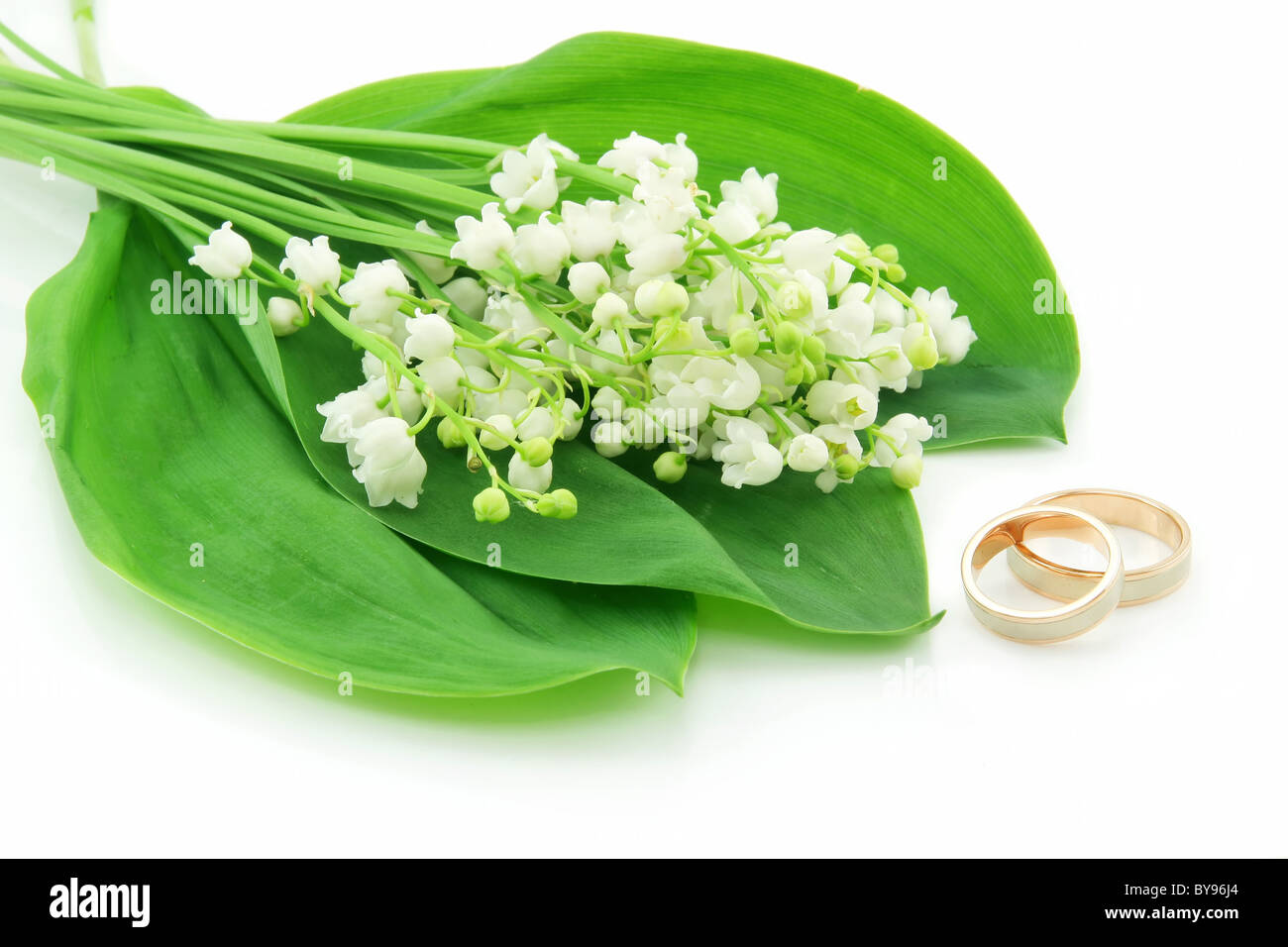 Lily Of The Valley und goldene Ringe, Isolated on White Stockfoto