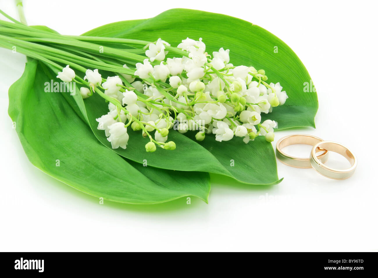 Lily Of The Valley und goldene Ringe, Isolated on White Stockfoto