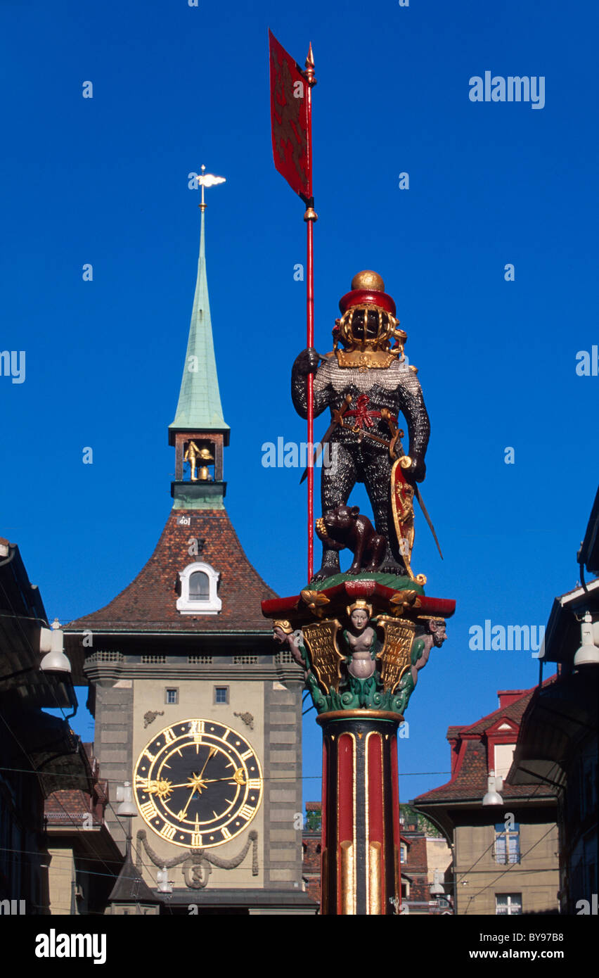 Zähringer Brunnen und Zytglogge-Turm, Bern, Schweiz, Weltkulturerbe Stockfoto