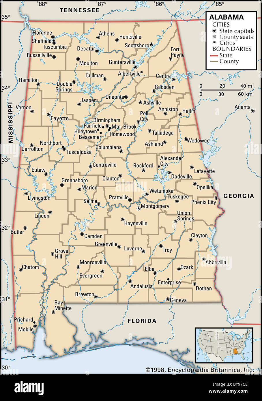 Politische Karte von Alabama Stockfoto