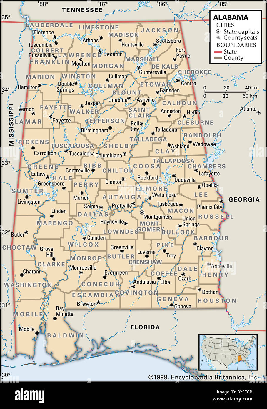 Politische Karte von Alabama Stockfoto