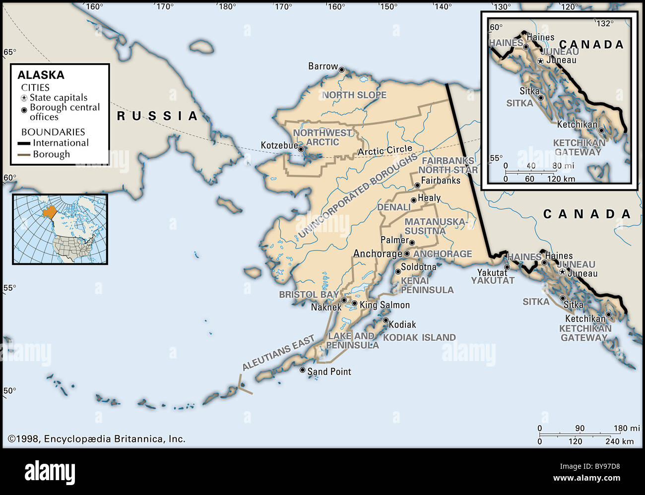 Politische Karte von Alaska Stockfoto