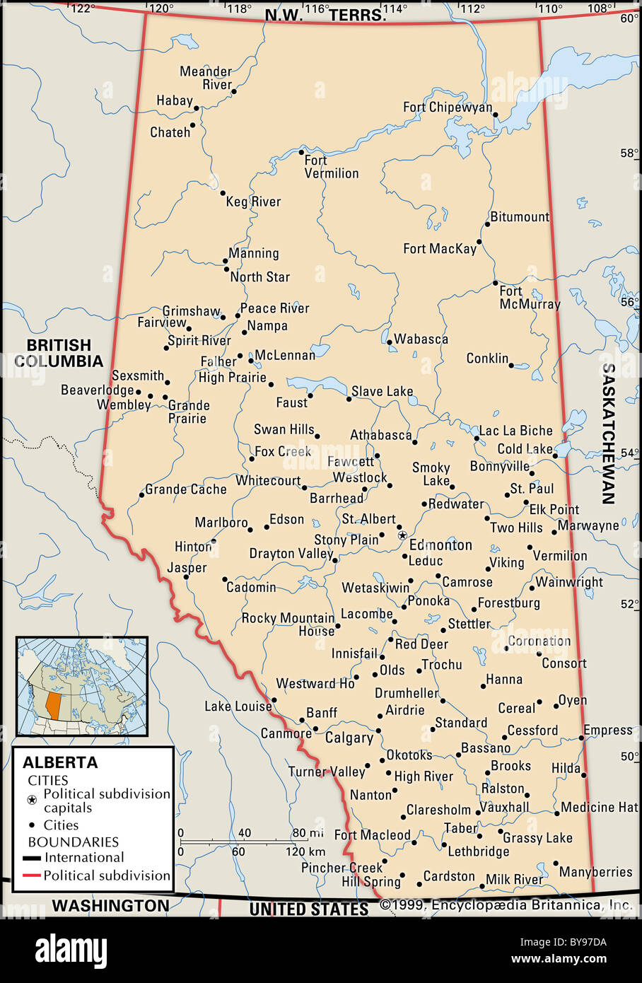 Politische Karte von Alberta Stockfoto