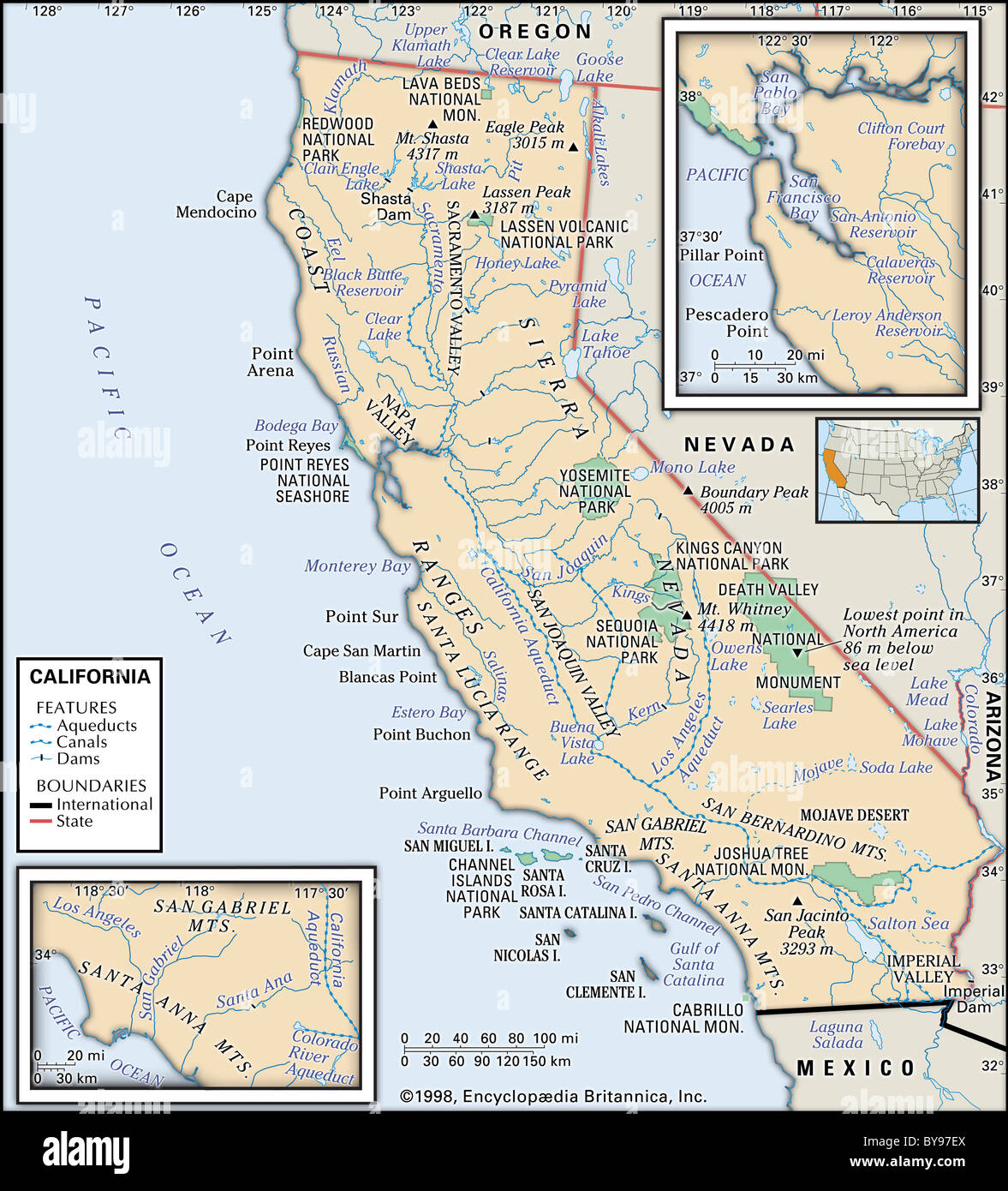 Physische Karte von Kalifornien Stockfoto