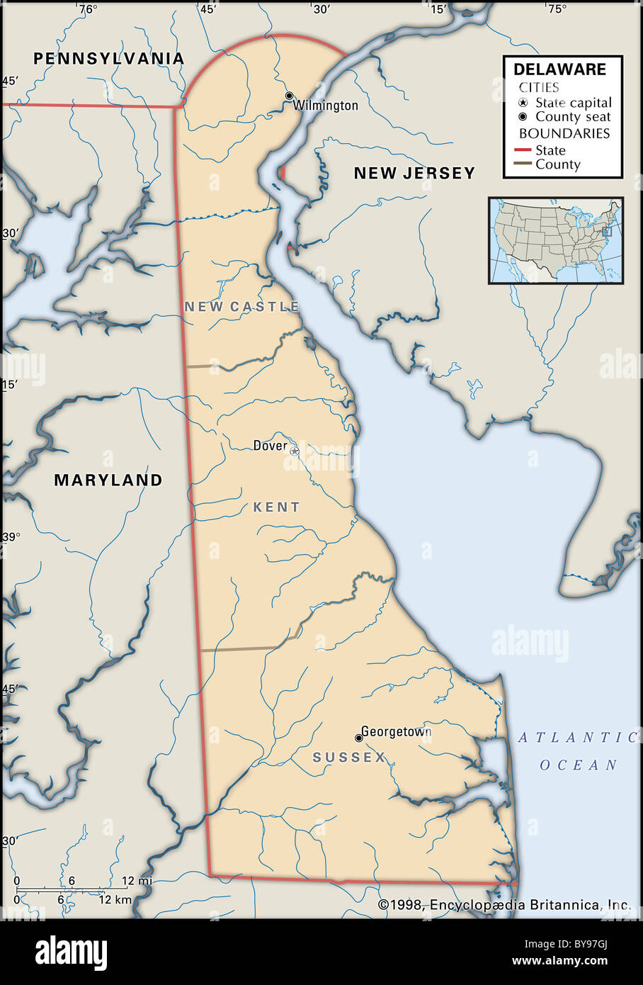 Politische Karte von Delaware Stockfoto