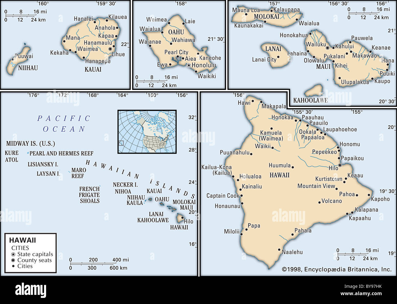 Politische Karte von Hawaii Stockfoto