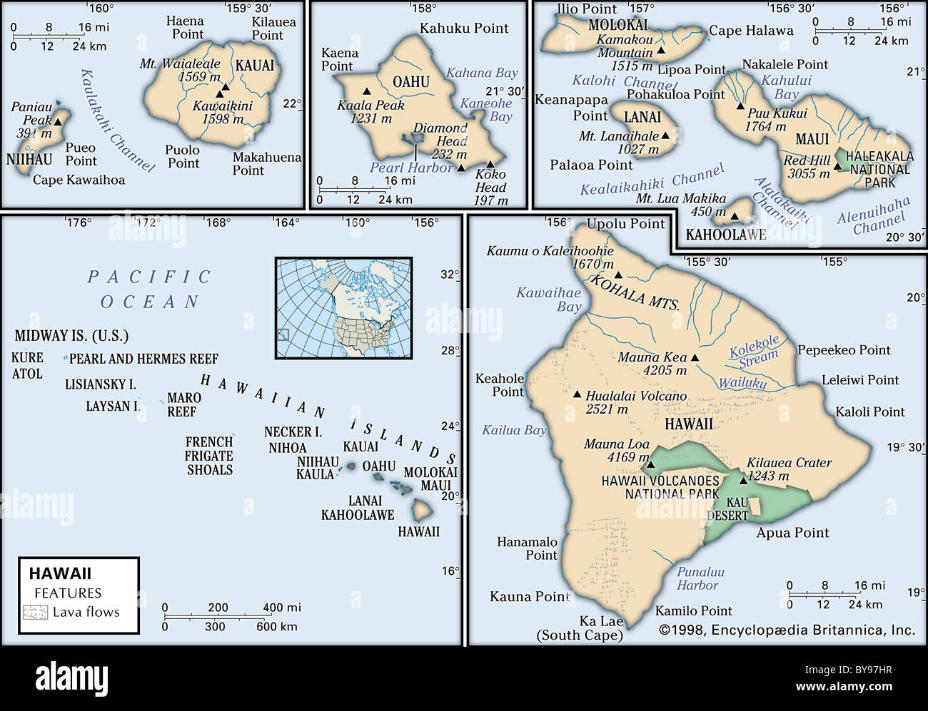 Physische Karte von Hawaii Stockfoto