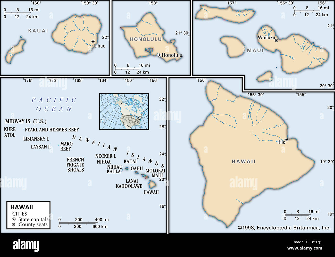 Politische Karte von Hawaii Stockfoto