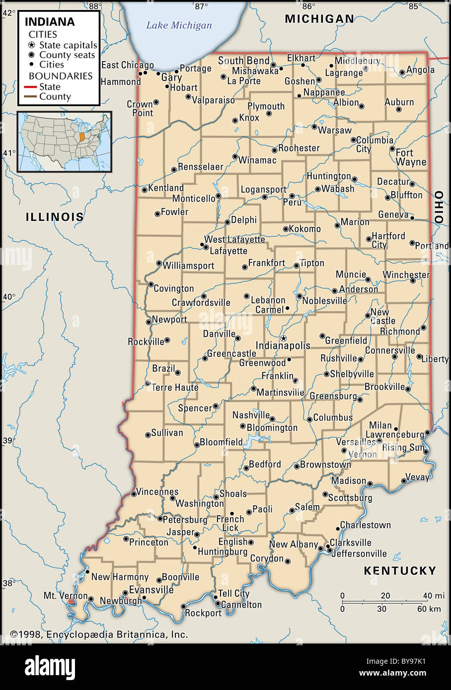 Politische Karte von Indiana Stockfoto