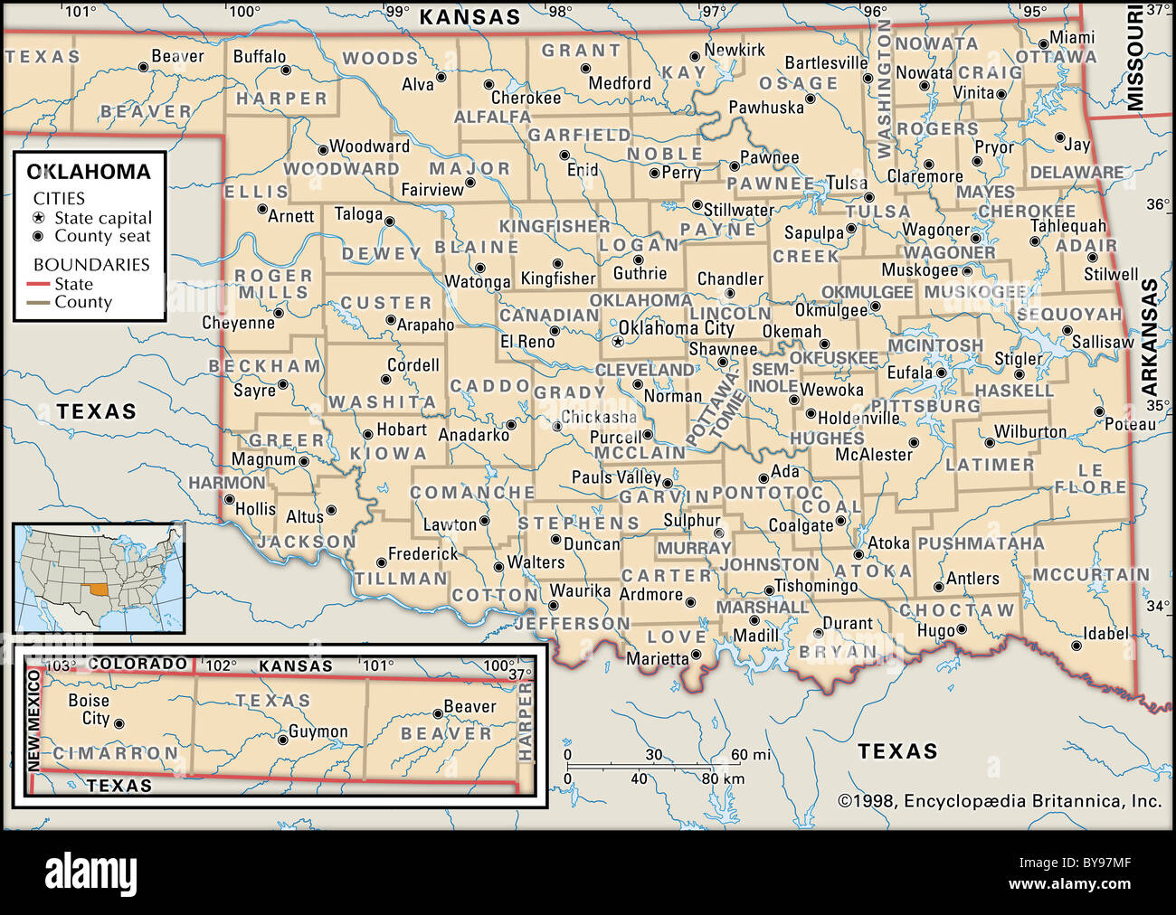 Politische Karte von Oklahoma Stockfoto