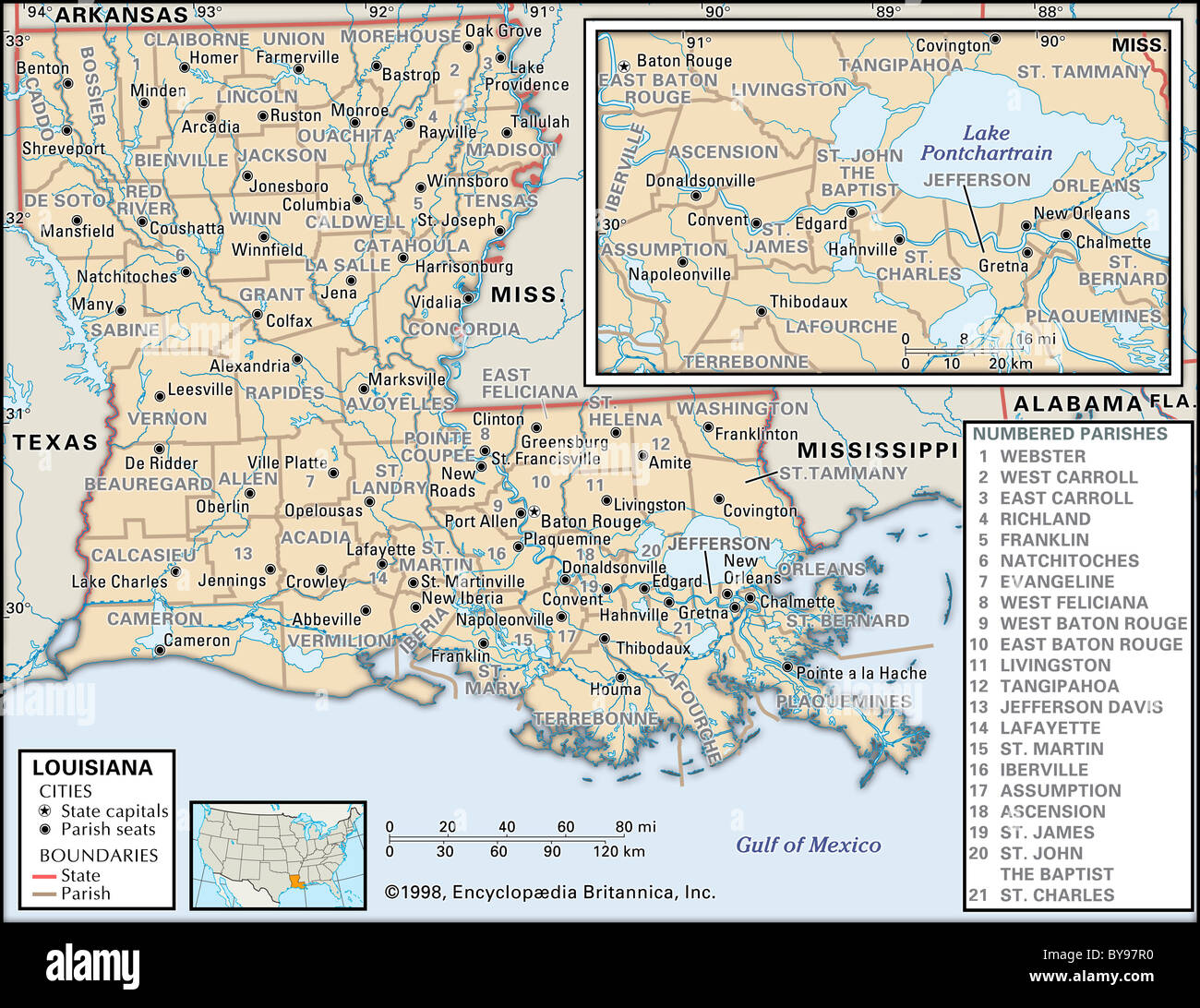 Politische Karte von Louisiana Stockfoto
