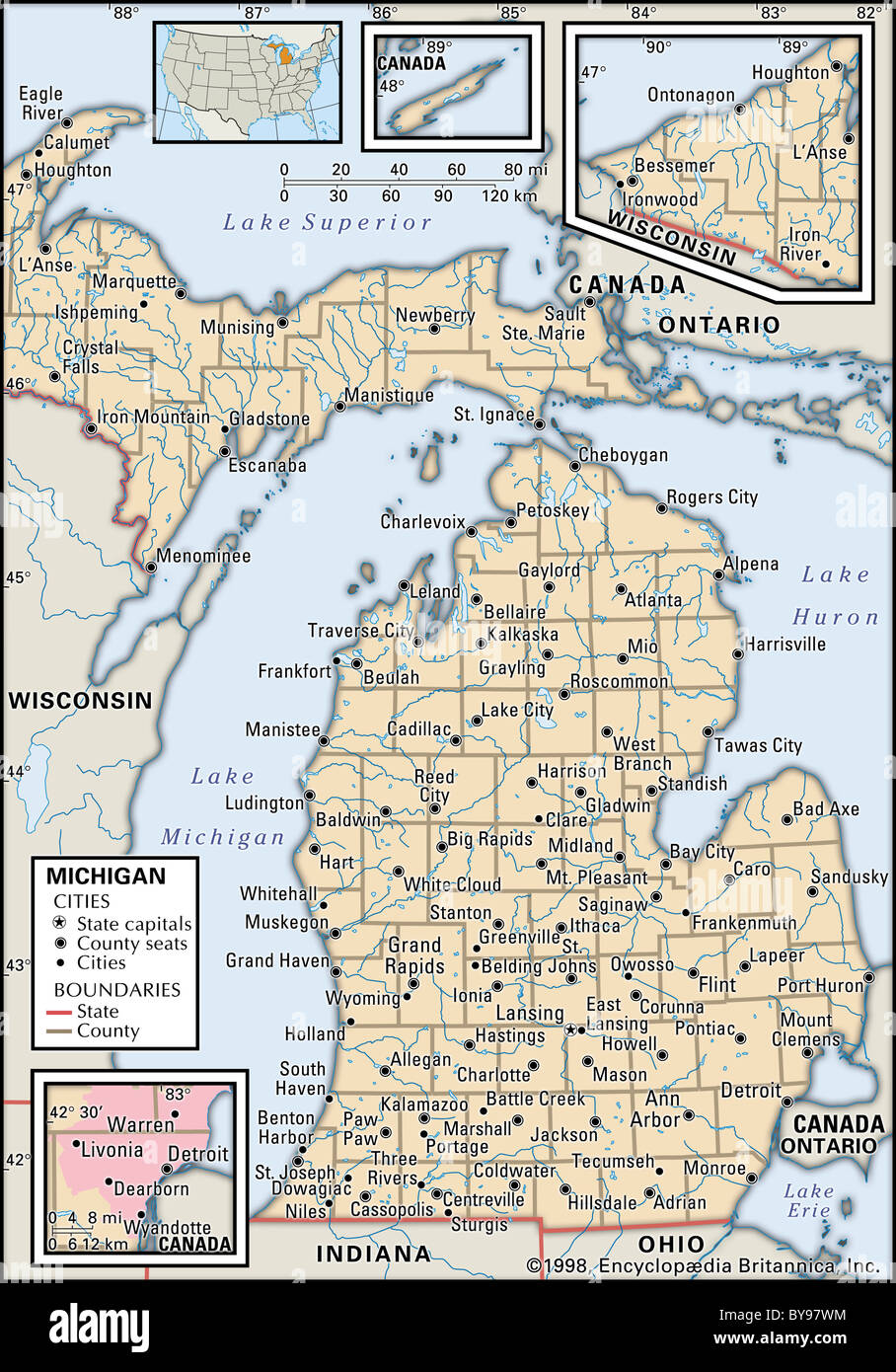 Politische Karte von Michigan Stockfoto