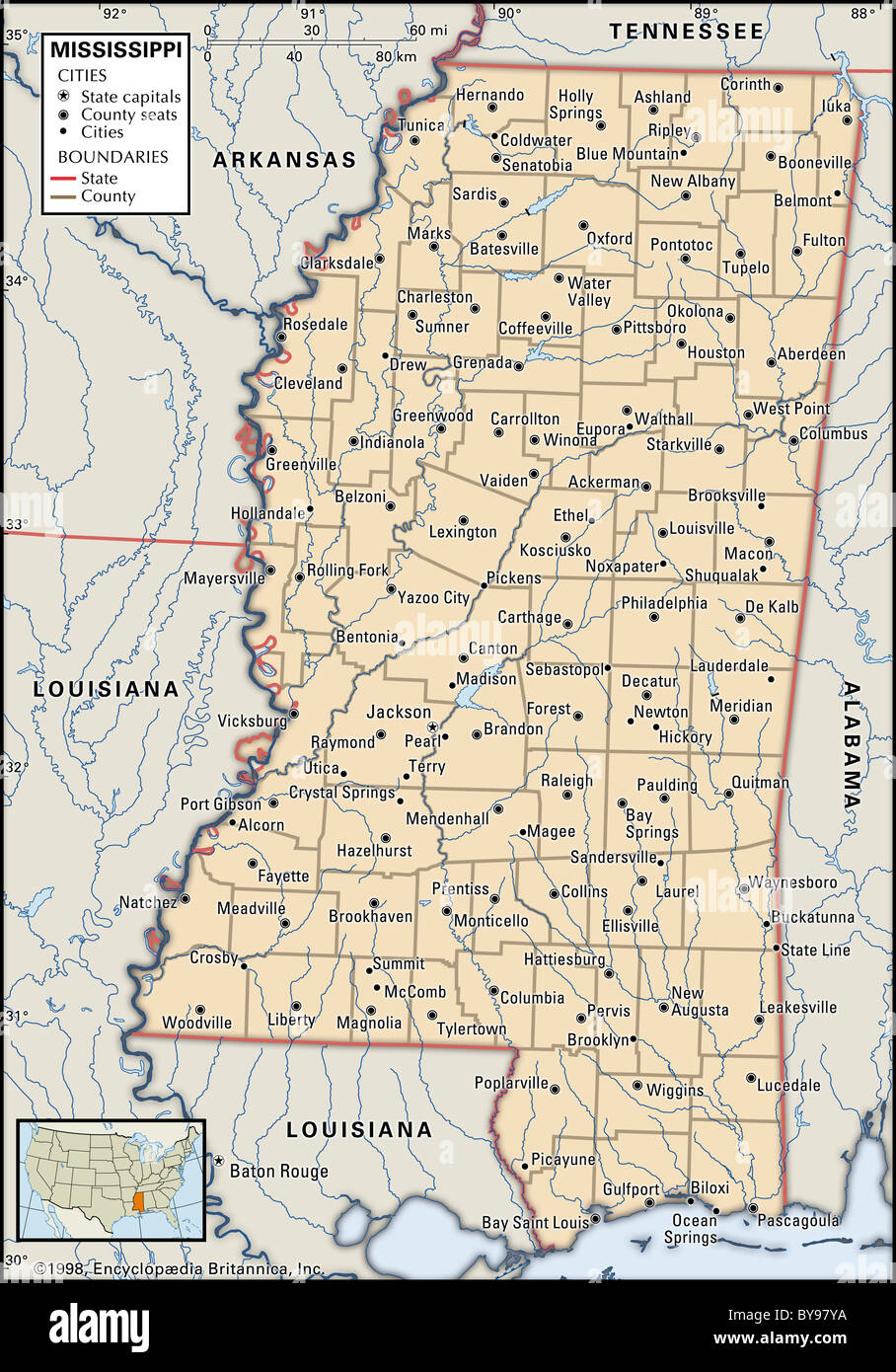 Politische Karte von Mississippi Stockfoto