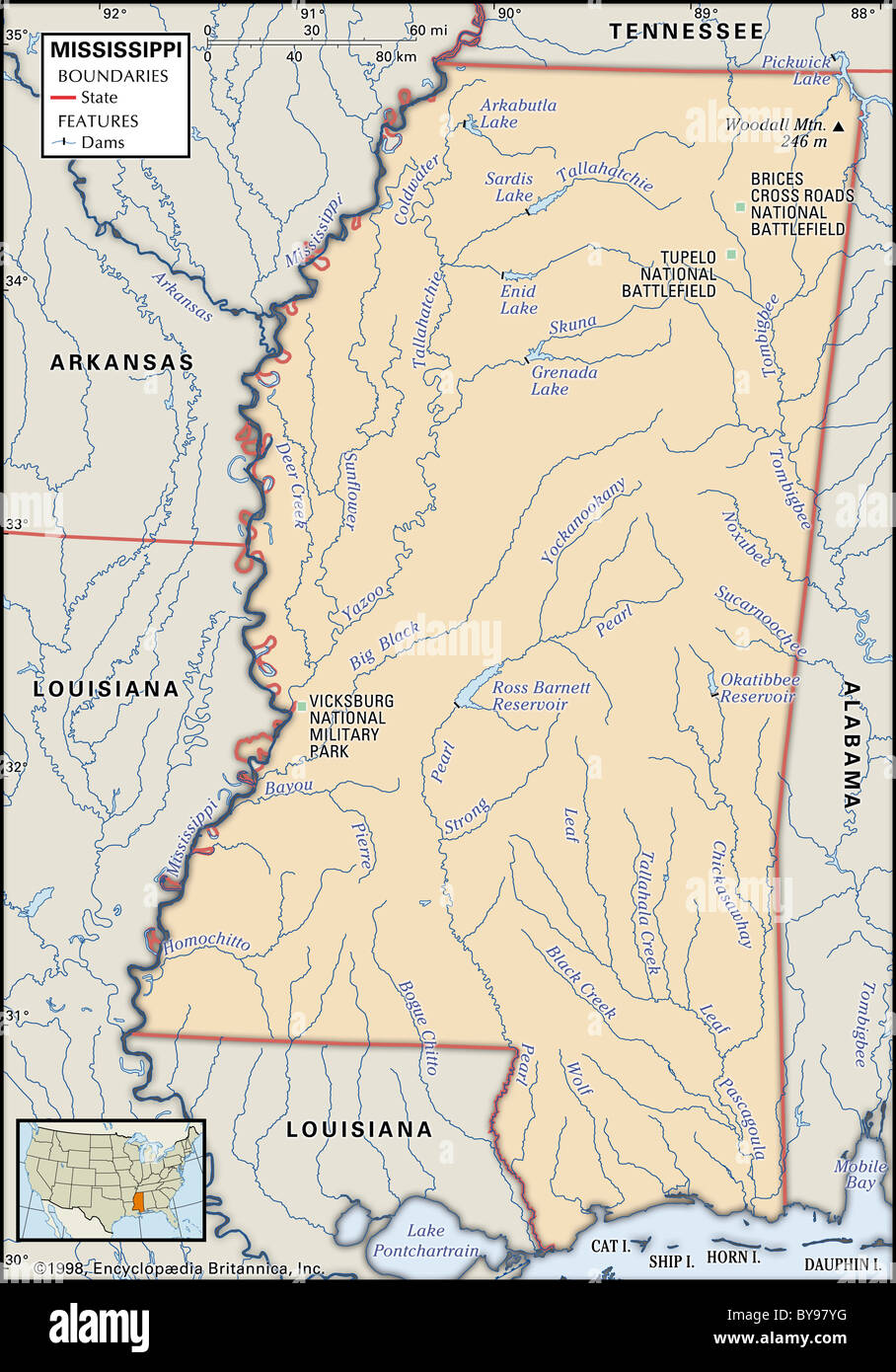 Physische Karte von Mississippi Stockfoto
