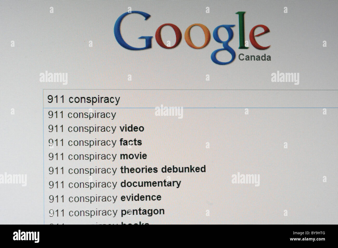 Eine Google-Suche für 911-Verschwörung Stockfoto