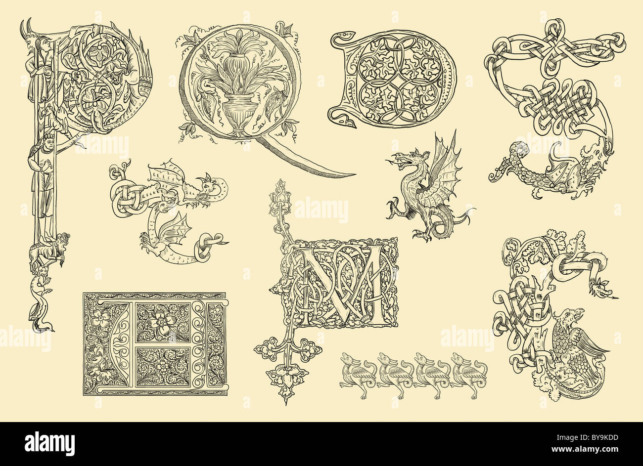 Vintage Initialen Buchstaben p; Q, d, s, m; n Stockfoto