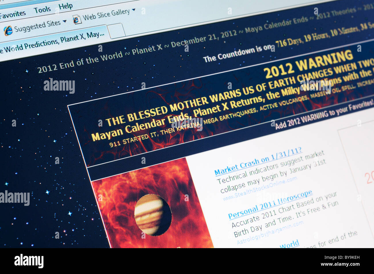 Eine Website über das Ende der Welt im Jahr 2012 nach dem Maya-Kalender Stockfoto