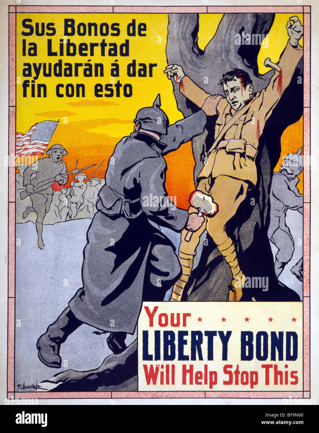 IHRE LIBERTY BOND wird Hilfe zu stoppen-USA 1917 Plakat in Englisch und Spanisch Stockfoto