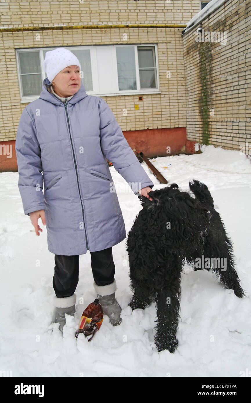 Hund russischer Schwarzer Terrier mit der Herrin in der Straße, Winter