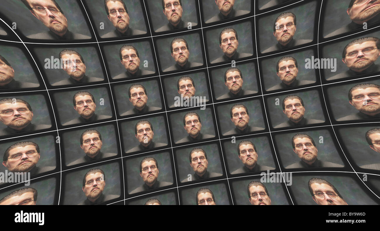 Verzerrte Wand des video-Bildschirme zeigt Orwellschen autoritäre Figur Stockfoto