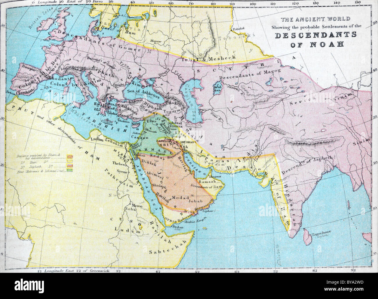 Karte der antiken Welt zeigt die wahrscheinlichen Siedlungen von den Nachkommen von Noah In Bibel Stockfoto