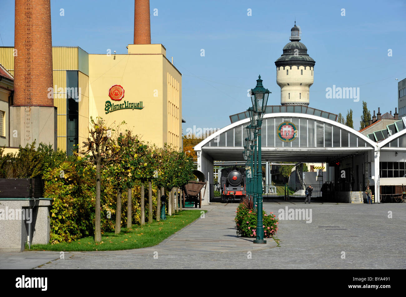 Sudwerke, Bier-Transport, Wasserturm, Pilsner Urquell Brauerei Pilsen, Böhmen, Tschechische Republik, Europa Stockfoto