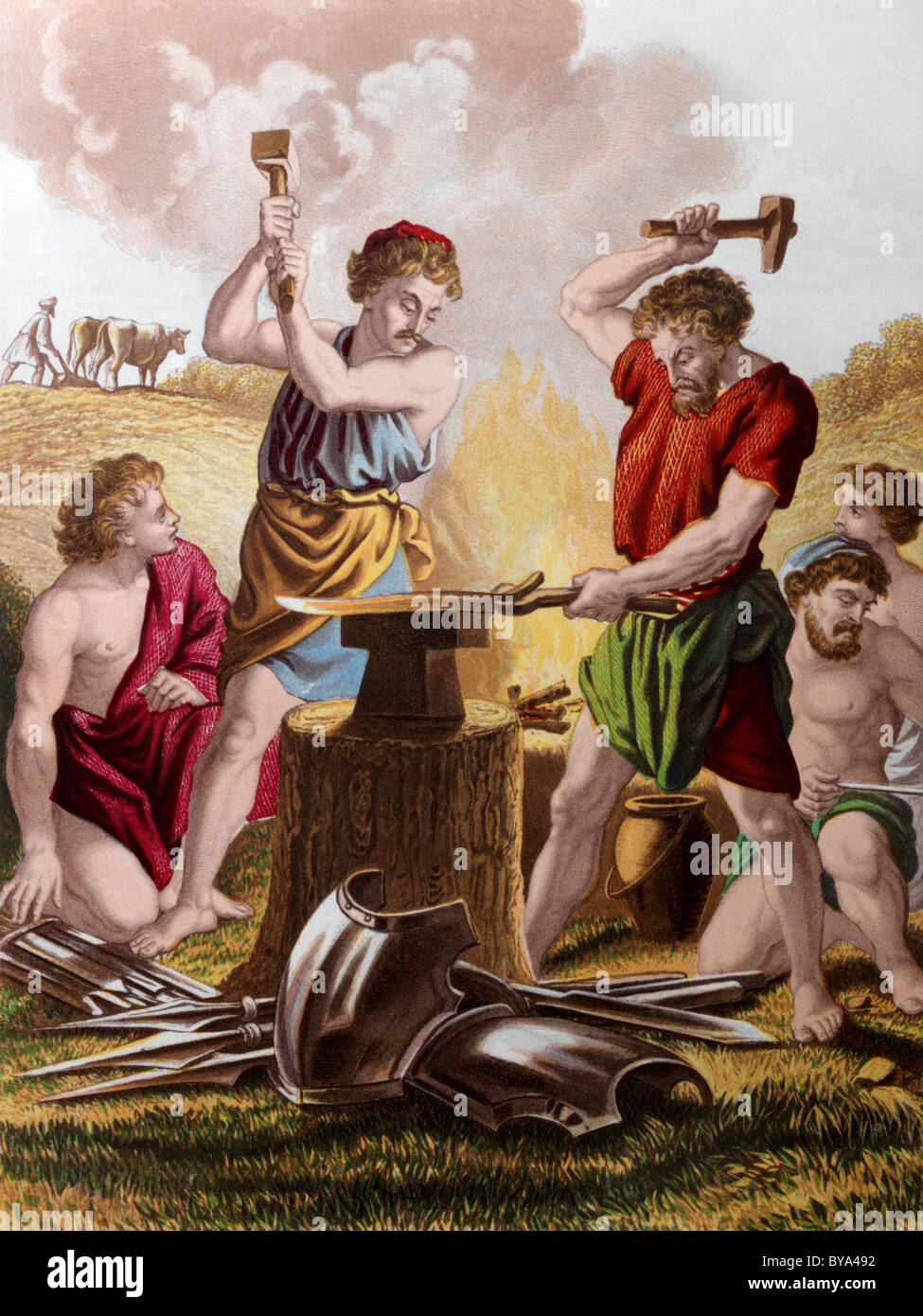 Bibel Geschichten Illustration der Männer schlagen die Schwerter zu Pflugscharen machen Stockfoto