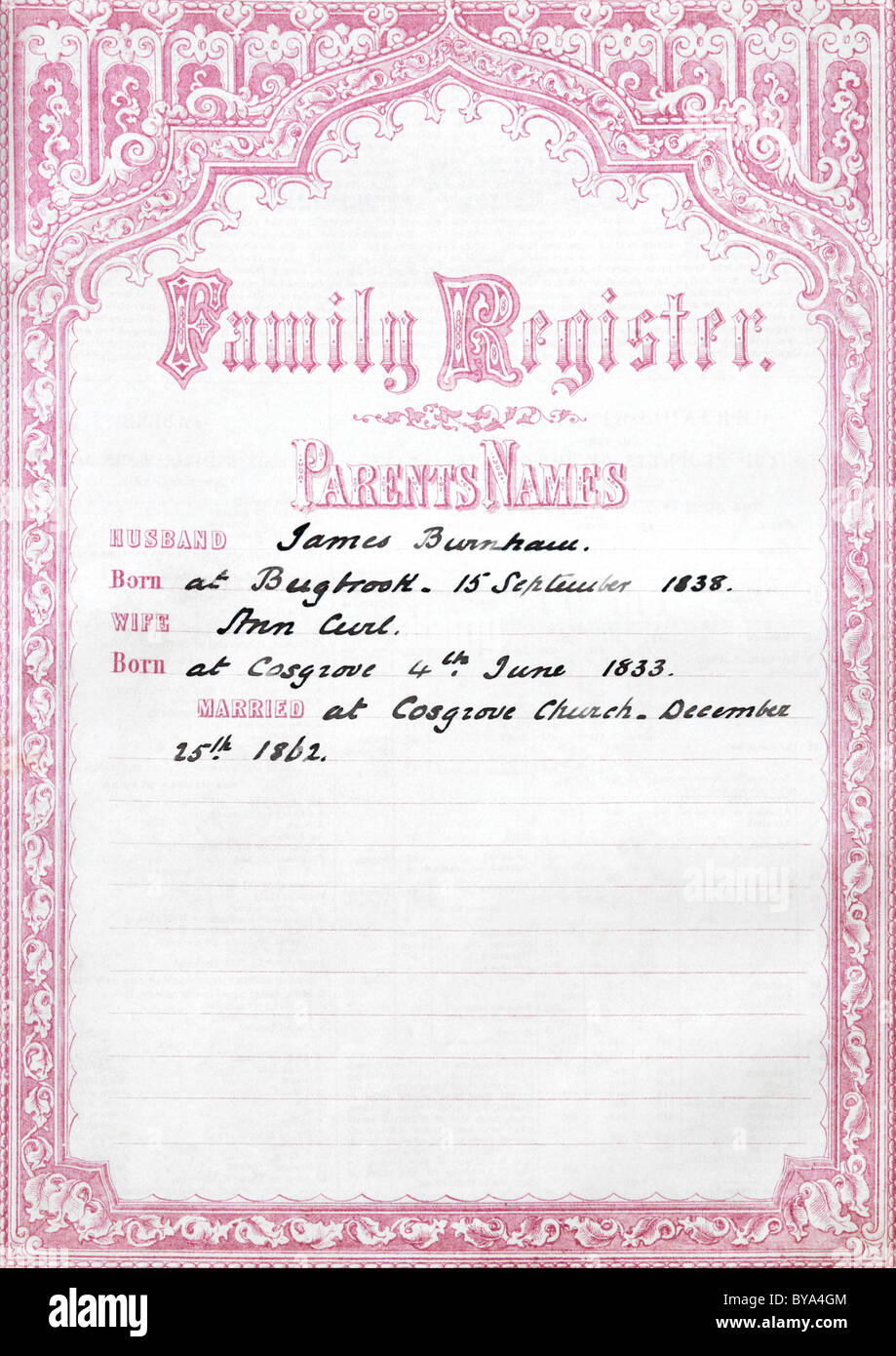 Familienbuch Zertifikat aus dem 19. Jahrhundert In einer alten Bibel Stockfoto