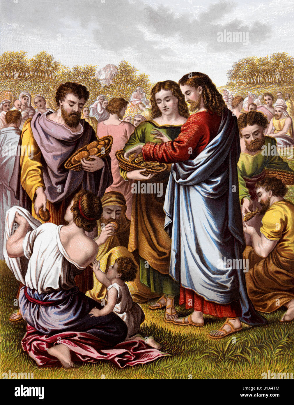 Bibel Geschichten Abbildung Christi Fütterung der Vielzahl Stockfoto