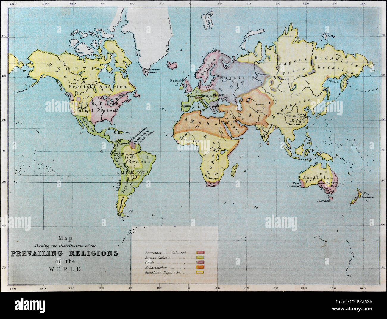 Karte In alten Bibel der vorherrschenden Religionen der Welt Stockfoto