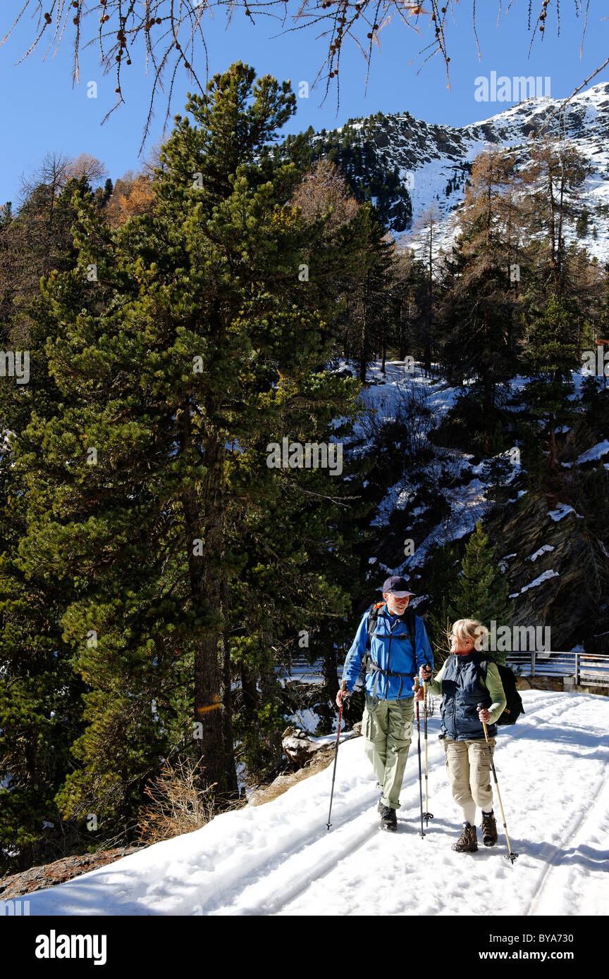 Wanderer auf dem Weg zur Lyvialm Alm, Winterwandern trail, Val Martello, Vinschgau, Süd-Tirol, Italien, Europa Stockfoto