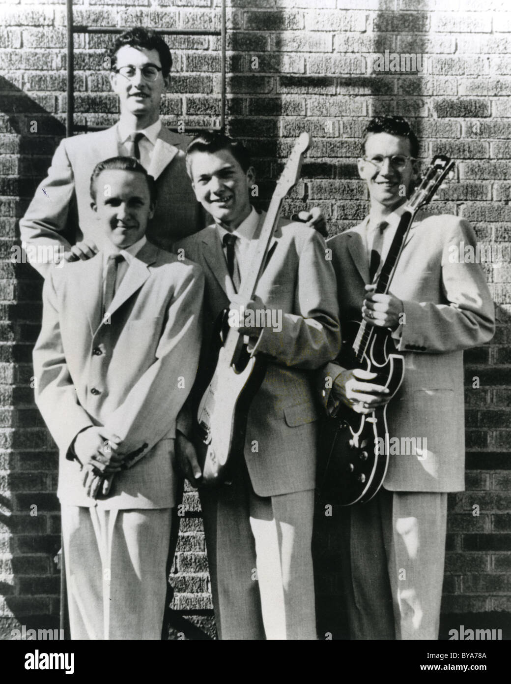 BUDDY HOLLY und die CRICKETS über 1956 aus l: Joe Mauldin, Buddy Holly (oben) Jerry Allison und Niki Sullivan Stockfoto