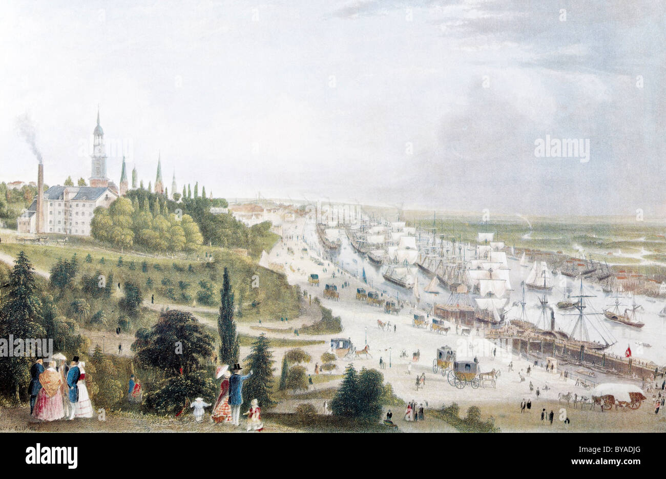 Blick auf Hamburg über 1855, historisches Stadtbild, Lithographie schuf im 19. Jahrhundert, Deutschland, Europa Stockfoto