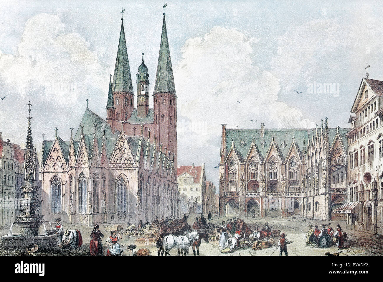 Ansicht von Braunschweig, Braunschweig, Kirche des Hl. Martin, um 1855, historisches Stadtbild, 19. Jahrhundert, Stahlstich Stockfoto