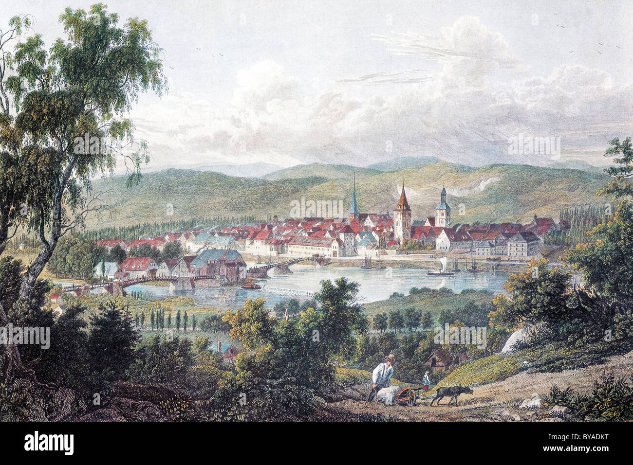 Ansicht von Hameln, um 1830, historisches Stadtbild, Stahlstich erstellt im 19. Jahrhundert, Niedersachsen, Deutschland, Europa Stockfoto