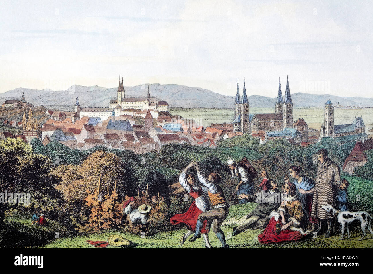 Ansicht von Bamberg, um 1837, historisches Stadtbild, Stahlstich erstellt im 19. Jahrhundert, Bayern, Deutschland, Europa Stockfoto