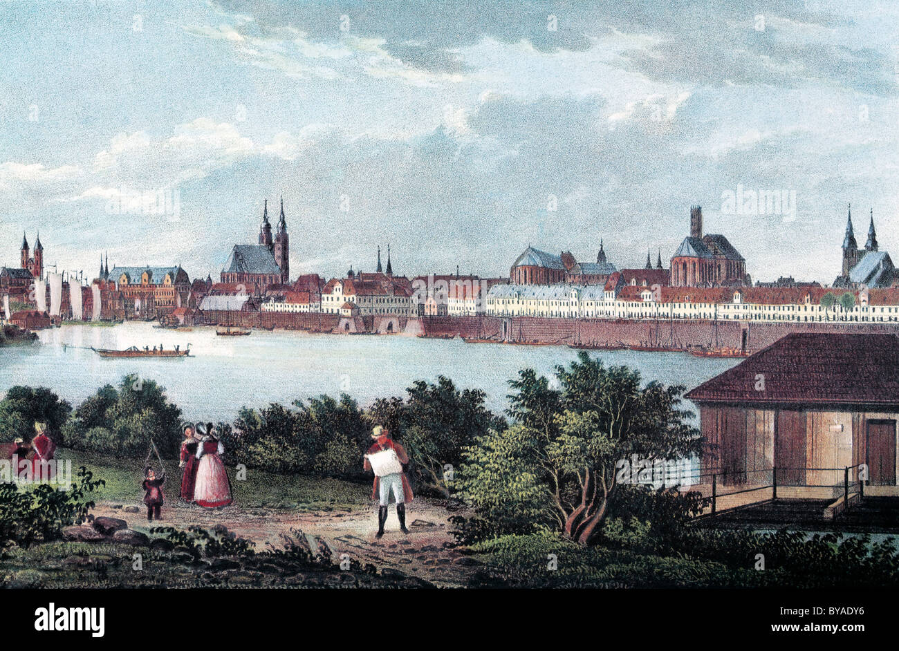 Ansicht von Magdeburg, um 1840, historisches Stadtbild, Stahlstich erstellt im 19. Jahrhundert, Sachsen-Anhalt, Deutschland, Europa Stockfoto