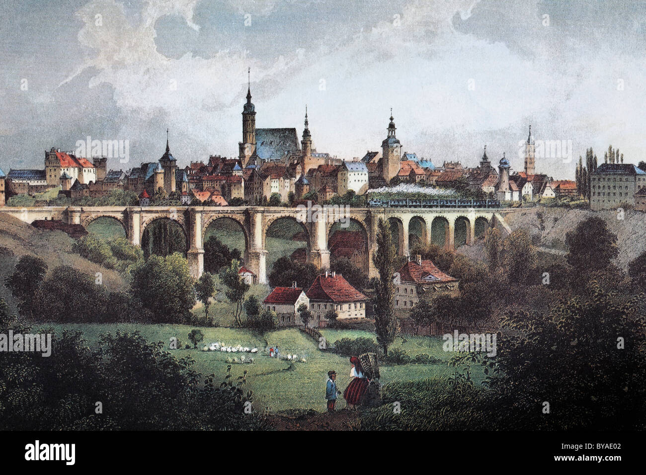 Blick auf Bautzen, ca. 1850, historisches Stadtbild, Stahlstich erstellt im 19. Jahrhundert, Sachsen, Deutschland, Europa Stockfoto
