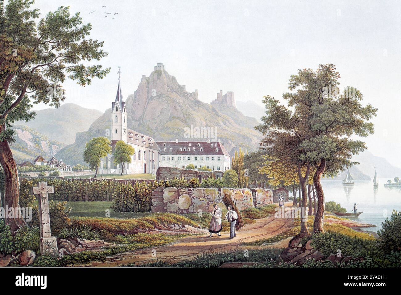 Anzeigen des Bornhofen Kapuzinerklosters am Rhein, Burg Sterrenberg und Burg Liebenstein, den Spitznamen des Feinds Stockfoto