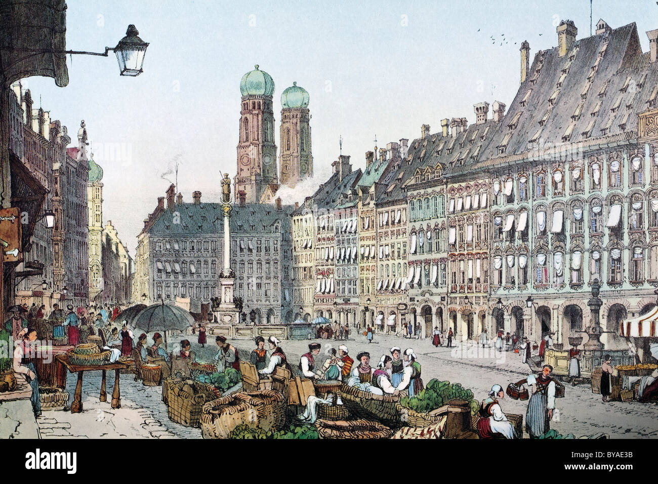 München, Schrannenplatz Platz im Jahre 1835, Blick auf die historische Stadt, Lithographie aus dem 19. Jahrhundert, Bayern, Deutschland, Europa Stockfoto