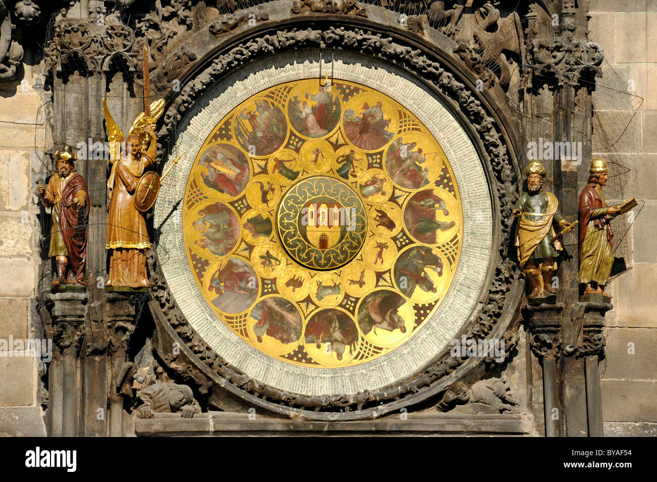 Kalender-Ziffernblatt der astronomischen Uhr auf dem Uhrturm des historischen Viertels von Altstädter Rathaus, Altstädter Ring, Prag Stockfoto