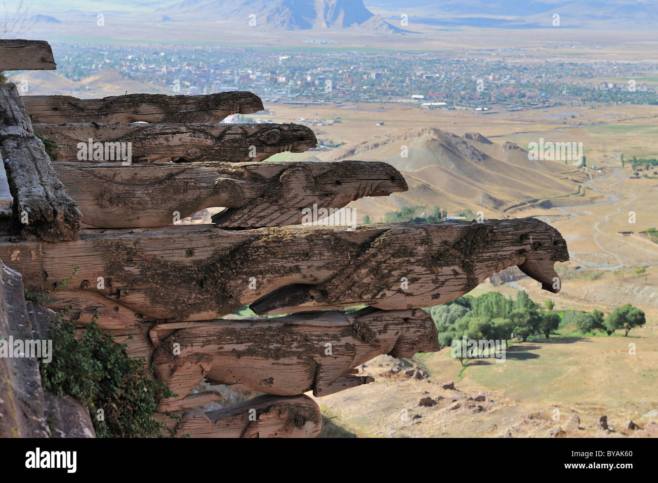 Geschnitzte Beiträge außerhalb der Selamlik, Ishak Pasa Sarayi (17-18C), Dogubeyazit, Türkei 100927 37451 Stockfoto